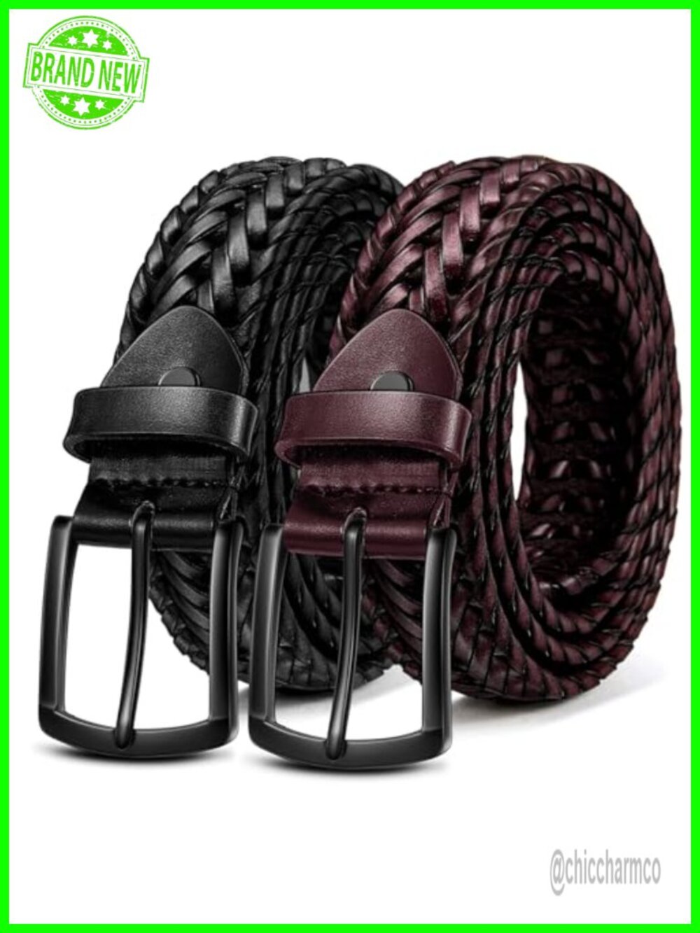 2Pack Braided Woven Leather Belt 1 3/8in Gift Boxed Men's